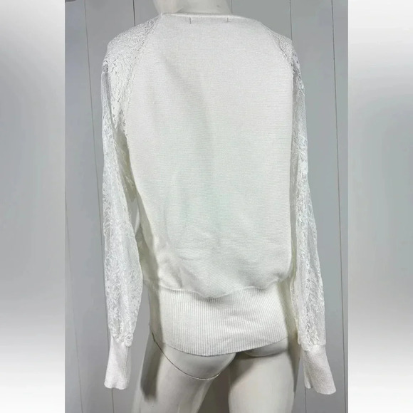 ZCSIA Sz L V-Neck Long Lace Mesh Sleeve Solid White Ribbed Knit Pullover - Picture 3 of 6